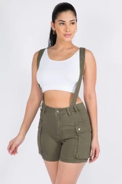 LOVE MODA BOTTOMS Cargo Denim Shorts With Suspenders