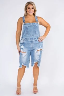 LOVE MODA Distressed Stretch Denim Short Overalls - Plus Size CURVY