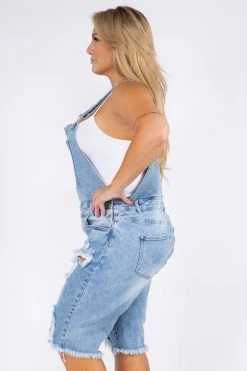 LOVE MODA Distressed Stretch Denim Short Overalls - Plus Size CURVY