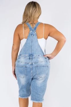 LOVE MODA Distressed Stretch Denim Short Overalls - Plus Size CURVY