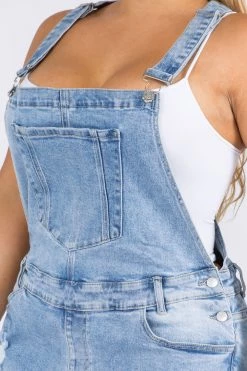 LOVE MODA Distressed Stretch Denim Short Overalls - Plus Size CURVY