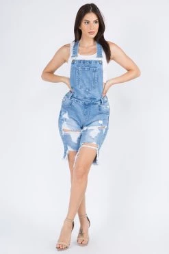 LOVE MODA Distressed Stretch Denim Short Overalls