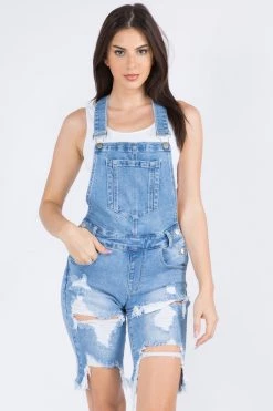 LOVE MODA Distressed Stretch Denim Short Overalls