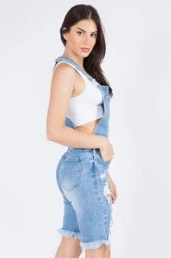 LOVE MODA Distressed Stretch Denim Short Overalls
