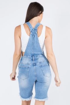 LOVE MODA Distressed Stretch Denim Short Overalls