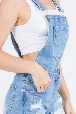 LOVE MODA Distressed Stretch Denim Short Overalls