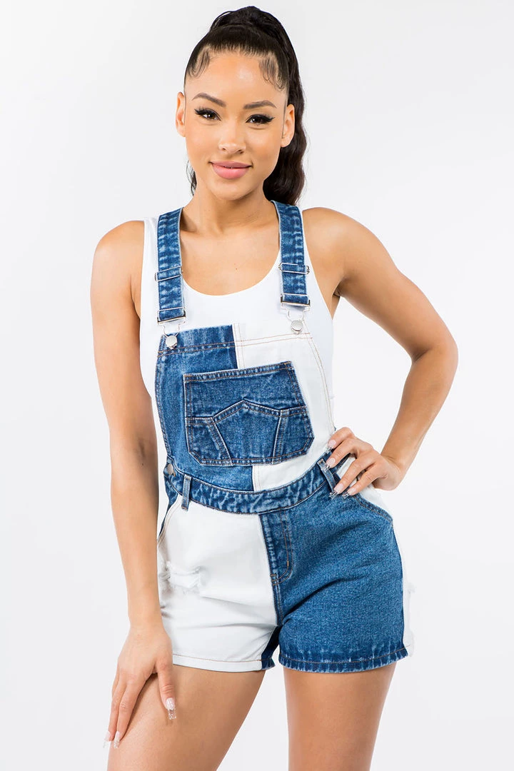 LOVE MODA Patchwork Denim Overall Shorts 3 LOVE MODA Patchwork Denim Overall Shorts