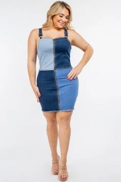 LOVE MODA CURVY Patchwork Zipper Front Skinny Mini Denim Dress - Plus Size