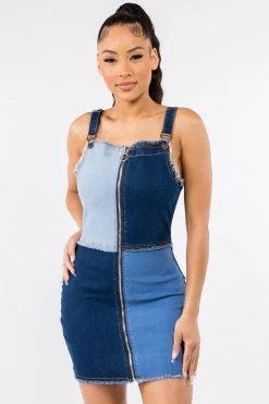 LOVE MODA NEW ARRIVALS Patchwork Zipper Front Skinny Mini Denim Dress 8 LOVE MODA NEW ARRIVALS Patchwork Zipper Front Skinny Mini Denim Dress