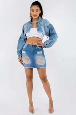 LOVE MODA Destroyed Hem Frayed Side Lace-Up Denim Skirt