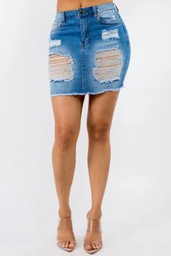 LOVE MODA Destroyed Hem Frayed Side Lace-Up Denim Skirt