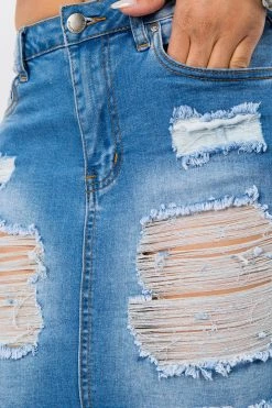 LOVE MODA Destroyed Hem Frayed Side Lace-Up Denim Skirt