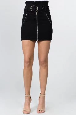 Lovemoda BOTTOMS Stretch Zipper Fly Denim Mini Short Skirt With Belt