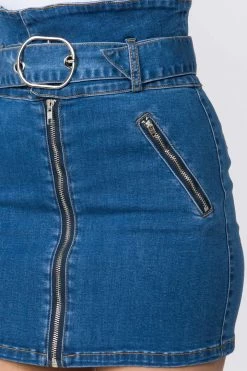 Lovemoda BOTTOMS Stretch Zipper Fly Denim Mini Short Skirt With Belt