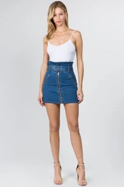 Lovemoda BOTTOMS Stretch Zipper Fly Denim Mini Short Skirt With Belt