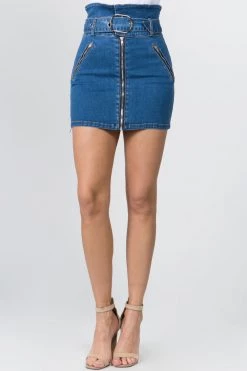 Lovemoda BOTTOMS Stretch Zipper Fly Denim Mini Short Skirt With Belt