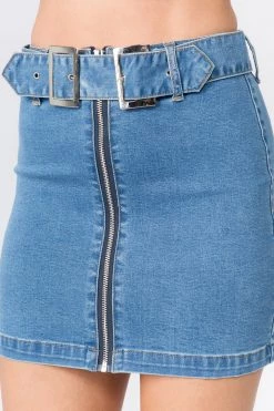 Lovemoda Zipper Fly Denim Mini Short Skirt With Belt
