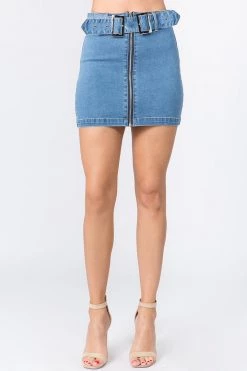 Lovemoda Zipper Fly Denim Mini Short Skirt With Belt