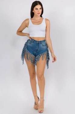 LOVE MODA High Waist Fringed Denim Shorts