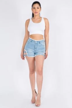 LOVE MODA Frayed Edge Side Buckle Denim Shorts BOTTOMS