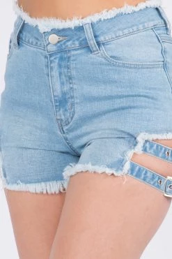 LOVE MODA Frayed Edge Side Buckle Denim Shorts BOTTOMS