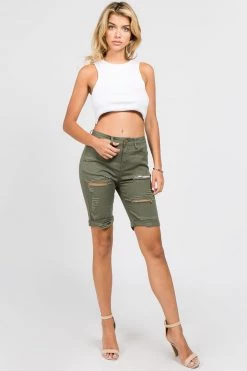 LOVE MODA Distressed Twill Bermuda Shorts