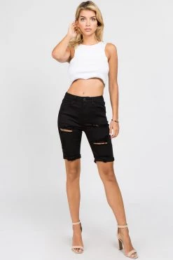 LOVE MODA Distressed Twill Bermuda Shorts