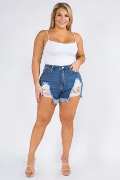 LOVE MODA High Waist Distressed Denim Stretch Mini Shorts - Plus Size