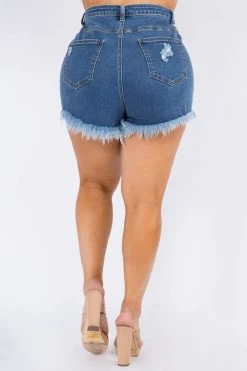 LOVE MODA High Waist Distressed Denim Stretch Mini Shorts - Plus Size
