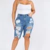 LOVE MODA High Rise Skinny Distressed Denim Bermuda Shorts - Plus Size
