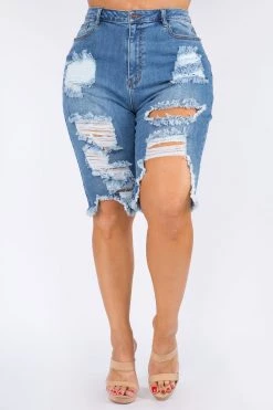 LOVE MODA High Rise Skinny Distressed Denim Bermuda Shorts - Plus Size