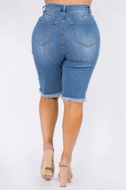 LOVE MODA High Rise Skinny Distressed Denim Bermuda Shorts - Plus Size