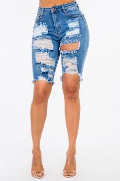 LOVE MODA High Rise Skinny Distressed Denim Bermuda Shorts NEW ARRIVALS