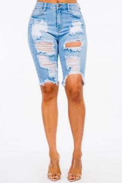 LOVE MODA High Rise Skinny Distressed Denim Bermuda Shorts - Plus Size