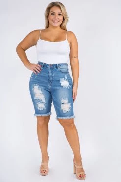 LOVE MODA High Rise Distressed Denim Shorts - Plus Size