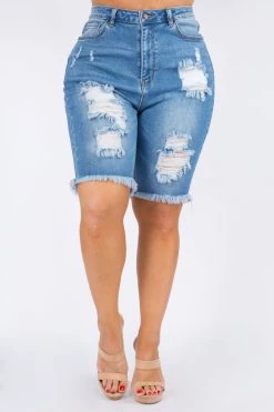 LOVE MODA High Rise Distressed Denim Shorts - Plus Size