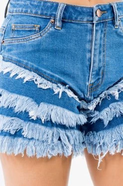 LOVE MODA High Waist Layered Hem Denim Shorts