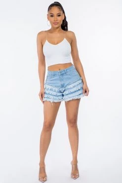 LOVE MODA High Waist Layered Hem Denim Shorts