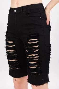 LOVE MODA BOTTOMS Destroyed Mid Rise Twill Bermuda Shorts