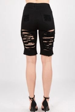 LOVE MODA BOTTOMS Destroyed Mid Rise Twill Bermuda Shorts