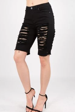 LOVE MODA BOTTOMS Destroyed Mid Rise Twill Bermuda Shorts