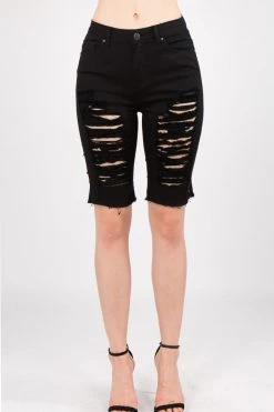 LOVE MODA BOTTOMS Destroyed Mid Rise Twill Bermuda Shorts