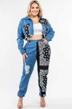LOVE MODA Bandana Patchwork Jacket Jeans Set - Plus Size