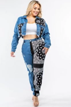 LOVE MODA Bandana Patchwork Jacket Jeans Set - Plus Size