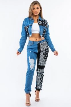 LOVE MODA Bandana Patchwork Jacket Jeans Set
