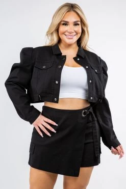 LOVE MODA Puff Sleeve Black Jacket & Wrap Skort Set - Plus Size
