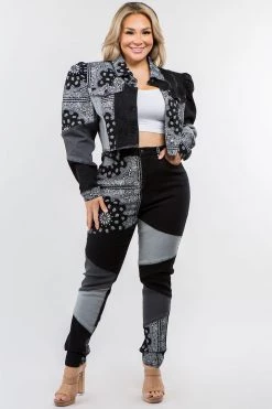 LOVE MODA Bandana Patchwork Black Denim Set - Plus Size