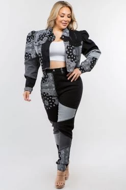 LOVE MODA Bandana Patchwork Black Denim Set - Plus Size