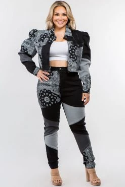 LOVE MODA Bandana Patchwork Black Denim Set - Plus Size