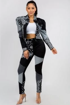 Love Moda BOTTOMS Bandana Patchwork Black Denim Set